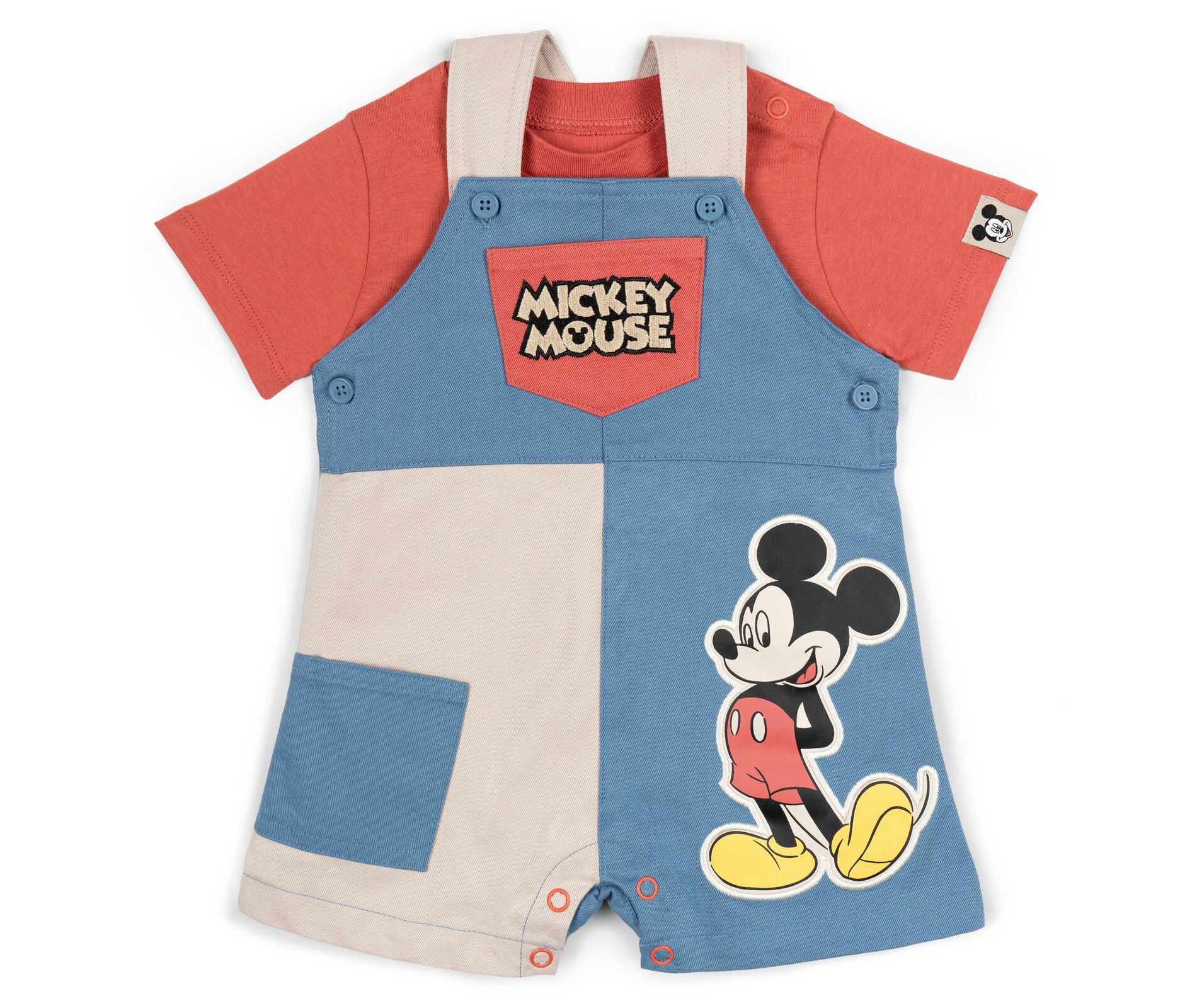 Disney Mickey Mouse Newborn Baby Boys Twill Square Neck Short Overalls and T-Shirt Outfit Set Red / Blue 3-6 Months