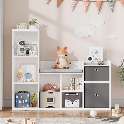 Garvee Kids Bookshelf 44.1in Wide Toy Storage Organizer with Seat Cushion Durable Wood 3-in-1, White