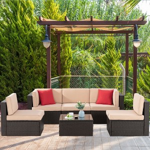 Celebalcony 6 Piece Patio Conversation Set All Weather Wicker Rattan Patio Sofa Outdoor Sectional Seating Group With Cushions  Beige - 1 of 4
