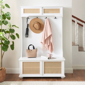 NicBex 40"L Hall Tree with Bench and Storage Cabinet Rustic Style Coat Rack with 4 Hooks and Sliding Door for Foyer, Living Room - 1 of 4