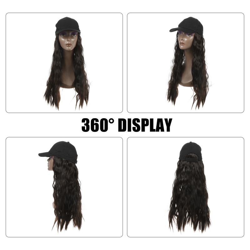 Unique Bargains Baseball Cap with Hair Extensions Fluffy Curly Wavy Wig Hairstyle 26" Wig Hat for Woman Black Brown, 2 of 5