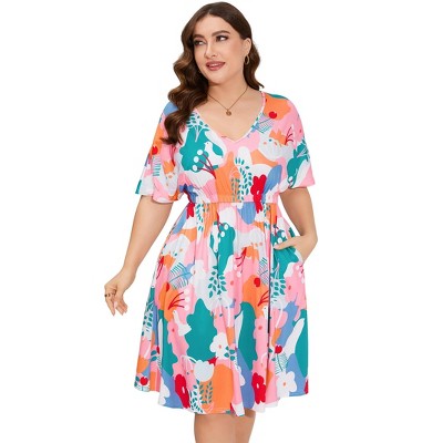 Women's Plus Size Summer Dresses Loose Floral Print Ruffle Mini Flowy Dress