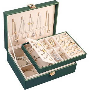 2-Layer Pink PU Leather Jewelry Box, Vintage Organizer with Removable Tray for Necklaces, Earrings, Rings, Bracelets - 1 of 4