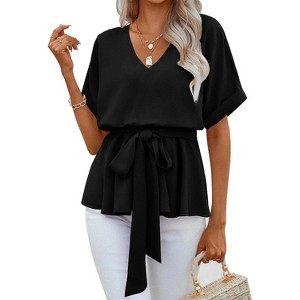 Imily Bela Women Summer V Neck Blouse Casual Short Sleeve Belted Tee Tops - 1 of 4