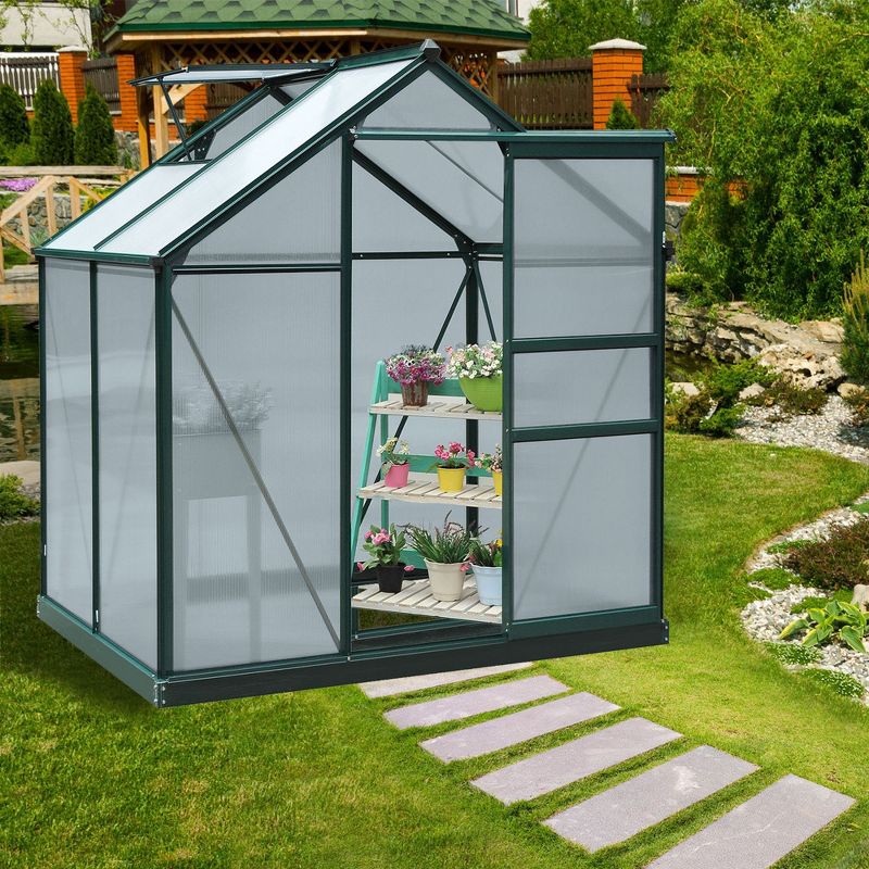 Outsunny 6' x 4' x 7' Polycarbonate Greenhouse, Heavy Duty Outdoor Aluminum Walk-in Green House Kit with Vent & Door for Backyard Garden, Green, 4 of 13