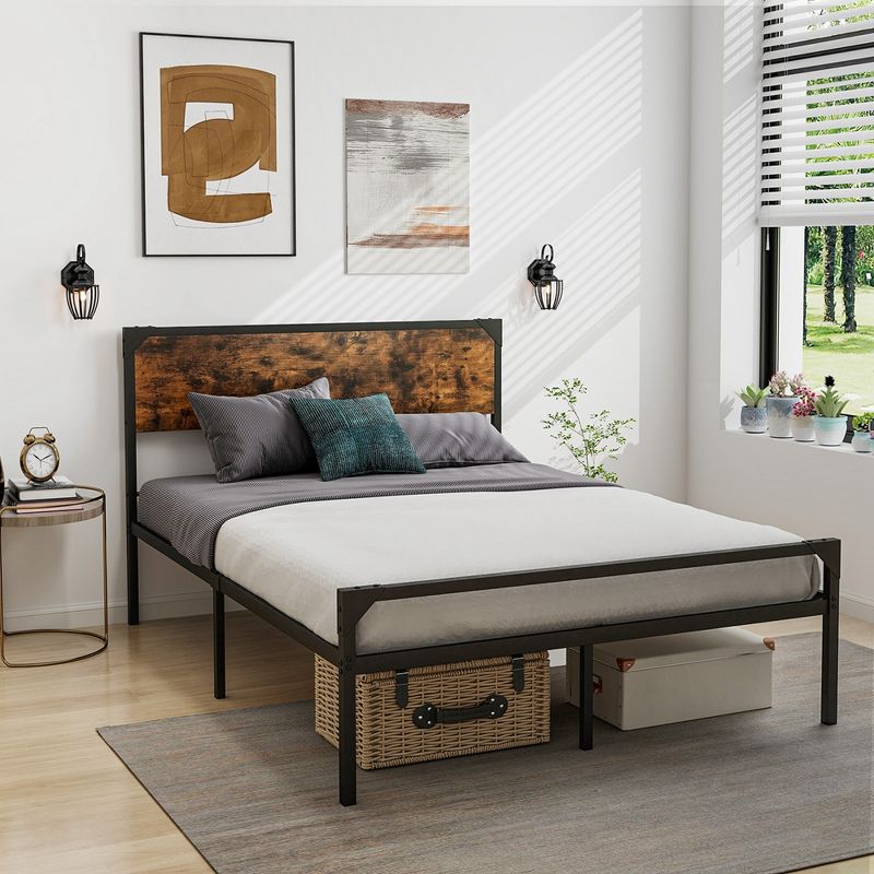 Costway Platform Full/Queen Bed with Rustic Headboard & Footboard Strong Metal Slat Support, 5 of 10