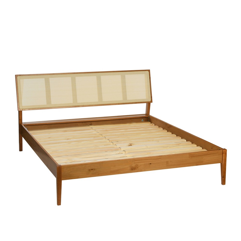 Photos - Bed Storied Home Crawford Queen Modern : Solid Pine Frame, Rattan Headboard, 43.31"H