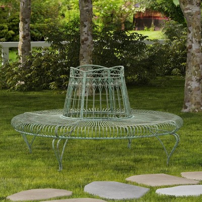 Antique Dark Green Wrought Iron Outdoor Tree Bench