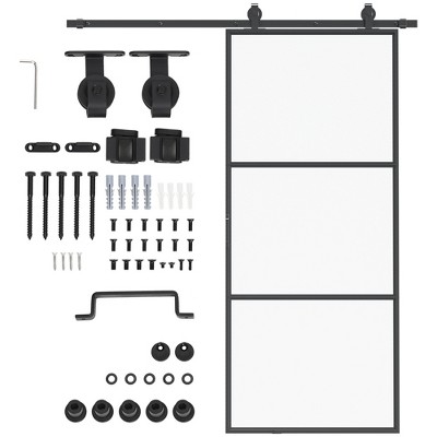 HOMCOM 36" x 84" Sliding Door with Hardware Kit, Handle, & Track, Industrial Frosted Tempered Glass Door with Carbon Steel, Easy Installation