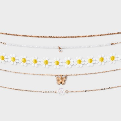 Daisy Fabric and Butterfly Choker Necklace Set 5pc - Wild Fable&#8482; White/Gold