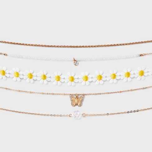 Daisy Fabric and Butterfly Choker Necklace Set 5pc - Wild Fable™ White/Gold