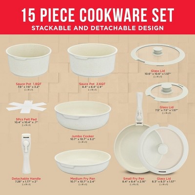 Cream 15-Piece Non-Stick Carbon Steel Cookware Set with Detachable Handles