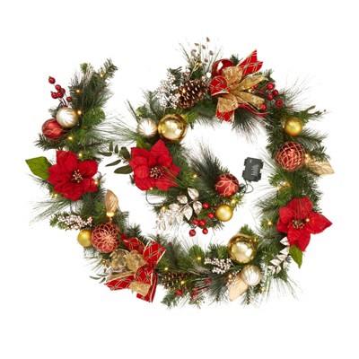 9 Feet Pre-Lit Christmas Garland with Lights, Battery Operated Lighted Outdoor Xmas Garland with Red Gold Ball Ornaments