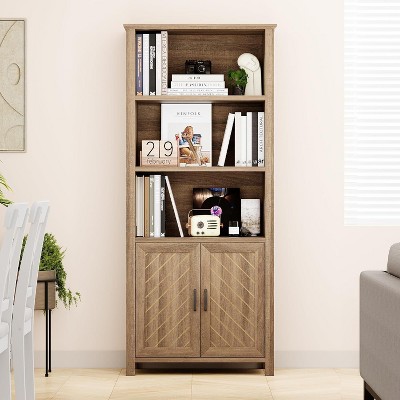 Farmhouse Bookshelves and Bookcases with Doors, 5-Tier Storage Bookshelf-Bookcase, Wooden Shelf Bookshelves with Adjustable Shelves for Living Room