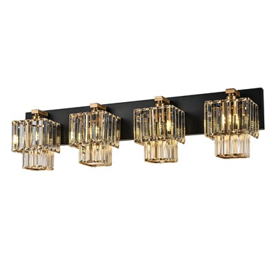 LLHZSY 3/4/5-Lights Modern Dimmable Glam Crystal Bathroom Vanity Lights - Black & Gold-New 2-Tiers Crystal Square Lamp Shade
