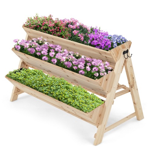 3-Tier Vertical Garden Bed Wooden Elevated Planter Bed W/Legs Storage Shelf  2 Hooks Raised Bed Kit