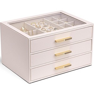 Jewelry Box for Women, Glass Lid Jewelry Organizer with 3 Drawers for Necklaces Rings Earrings Bracelets-Light Pink - 1 of 4