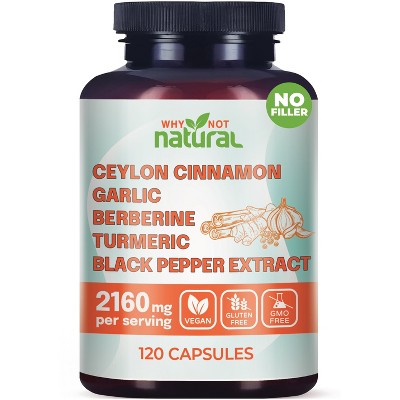 Why Not Natural 5-in-1 Organic Ceylon Cinnamon Capsules with Berberine, Garlic, Turmeric, Black Pepper Extract Pills