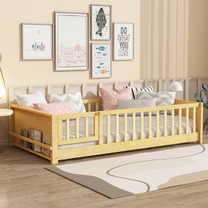 KWPZQEB Twin Size Floor Bed Frame with Safety Guardrails & Book Rack, Wood Floor Bed with Fence, Montessori Floor Beds for Girls and Boys - 1 of 4