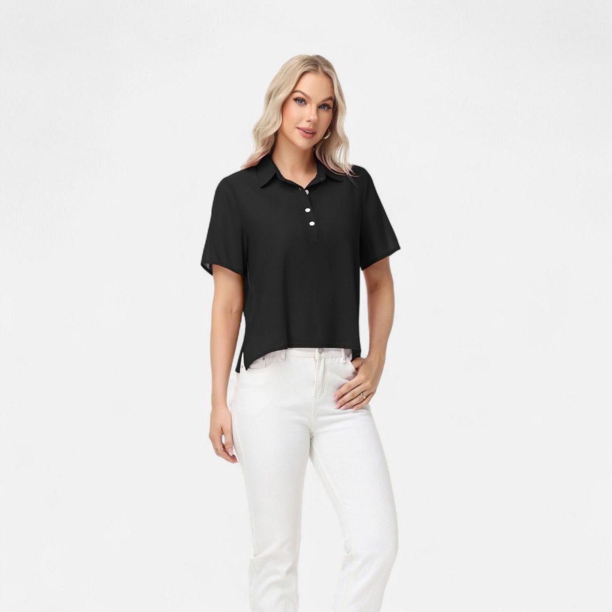 Anna-Kaci Women's Short Sleeve Collared Blouse with Button Placket and Relaxed Fit Design - thumbnail 6