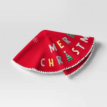 48" Felt 'Merry Christmas' Christmas Tree Skirt with Pom Poms Red/White - Wondershop™
