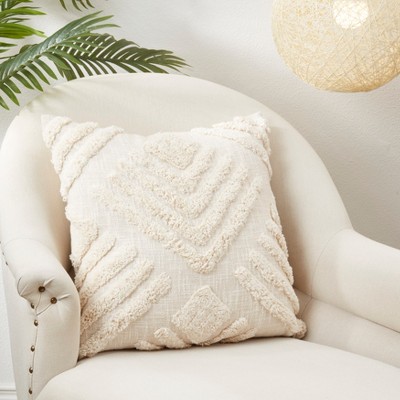 Beige Geometric Tufted Cotton Throw Pillow Cover, 20"x20"
