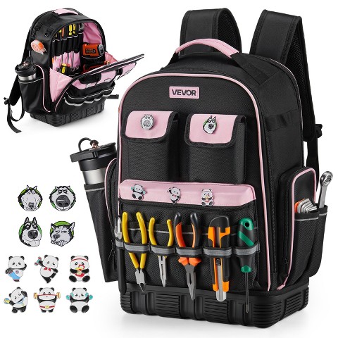 VEVOR Tool Backpack, 56 Pockets, Heavy-duty Tools Storage Organizer Work Bags with Laptop Compartment & Molded Base, Black+Pink