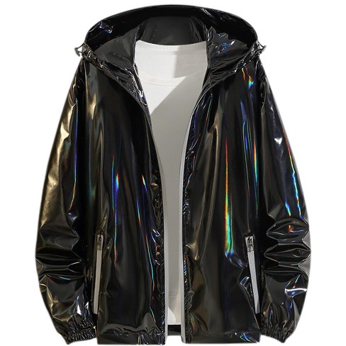 Unisex Hooded Iridescent Shiny Holographic Zipper Coat Casual