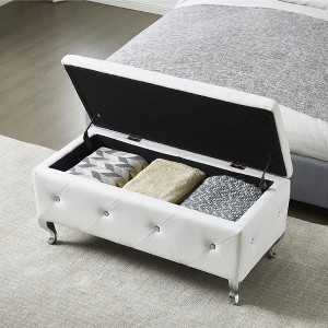 GDFStudio York Upholstered Faux Leather Storage 38" Ottoman with Crystal Button - 1 of 4