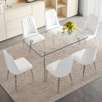 Lyngins 5-Piece Modern Tempered Glass Dining Set – Dining Table with Silver Fork-Shaped Legs & 4 PU Chairs, Kitchen Table Set for Dining Room