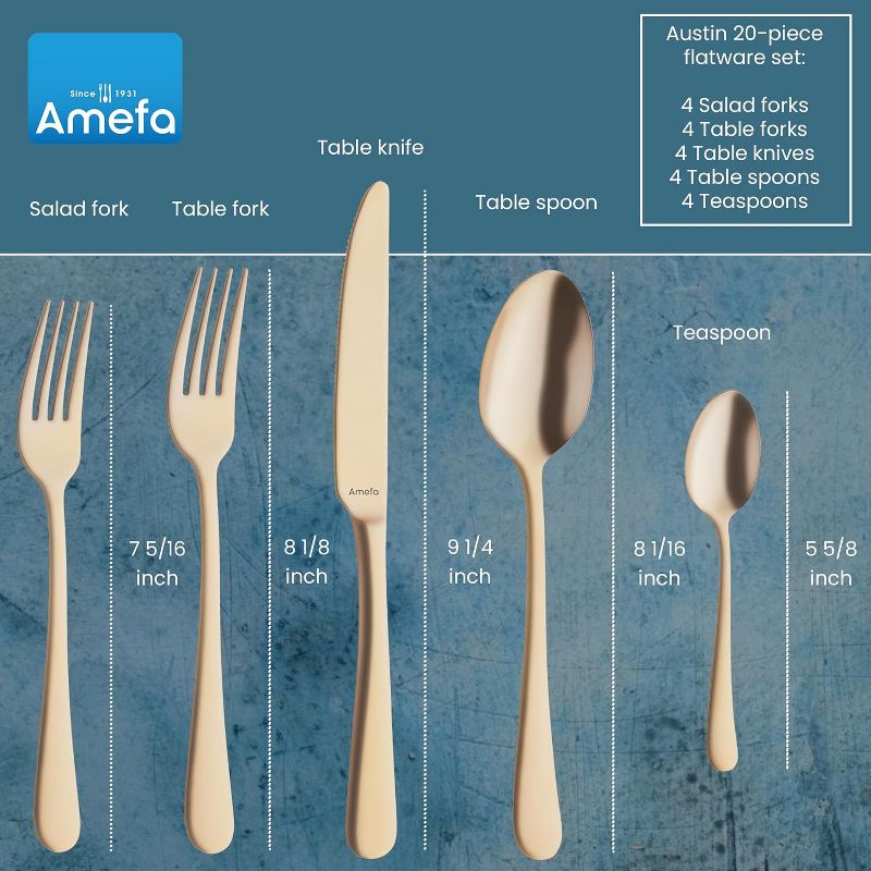 Amefa Austin Gold 20-Piece Premium 18/0 Stainless Steel Flatware Set, Satin Golden Finish, Silverware Set Service for 4, Rust Resistant Cutlery, 2 of 8