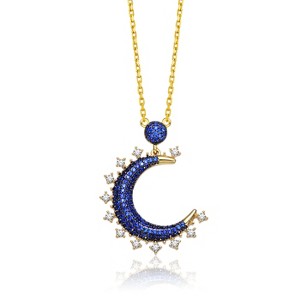 Guili Sterling Silver Moon Charm Necklace with Gold and Black Plating, Featuring Sapphire Cubic Zirconia for a Celestial Jewelry Style - 1 of 3
