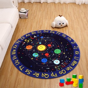 Kids ABC Rug Alphabet Nursery Rug for Playroom, Non Slip Educational Playmat Circle Carpet for Classroom, Galaxy Planets Play Rug Carpet - 1 of 4