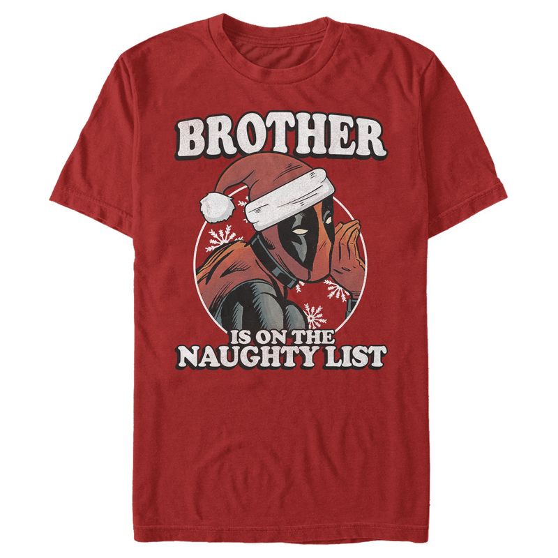 Men's Marvel Christmas Deadpool Brother on Naughty List T-Shirt, 1 of 5