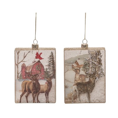 Transpac Glass Painted Barn Scene Ornament Set of 2 Christmas Home Decorations