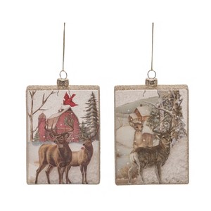 Transpac Glass Painted Barn Scene Ornament Set of 2 Christmas Home Decorations - 1 of 3