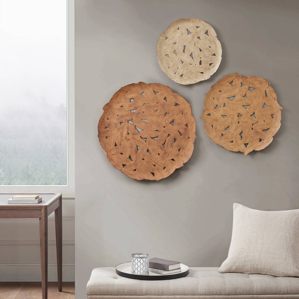 Photos - Wallpaper 3pc Jax Textured Feather Metal Disc Wall Decor Set - Madison Park