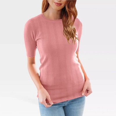 Womens Slim Fit Knit Short Sleeve Tops with Round Neck Sweater Style