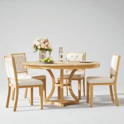 5-Piece Extendable Round Dining Table Set with 4 Upholstered Chairs, Solid Wood Kitchen Table Set for 4–6, Rubber Wood Frame for Dining Room