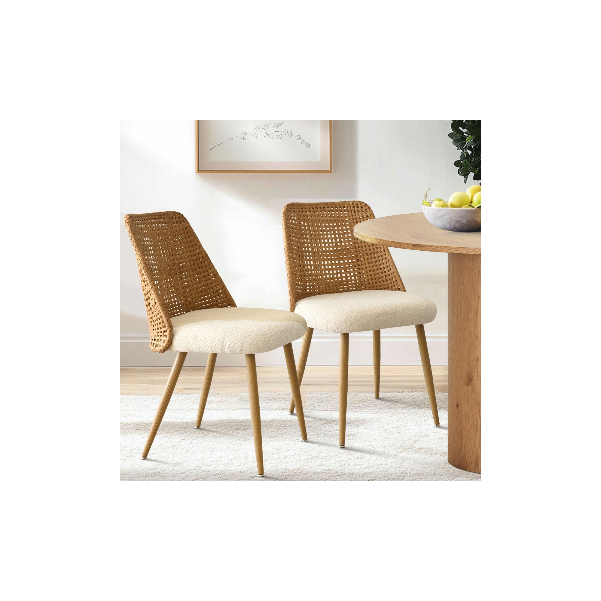 Panipeachy Upholstered Dining Chairs Set of 2, Modern Double Layer Rattan Back & Beige Boucle Armless Kitchen Chairs with Oak Finish Metal Legs