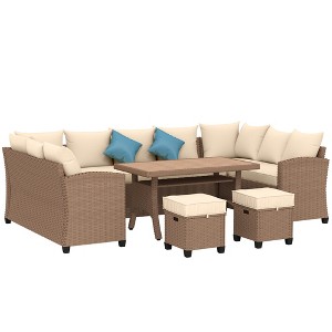 6 Piece Patio Furniture Set, PE Wicker Outdoor Furniture Conversation Set with 3 Sofas, 2 Ottomans and Slatted WPC Top Dining Table - 1 of 4