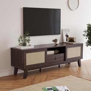 Wooakway 59"L 19.3"H 15.4"D Mid Century Modern TV Stand with Rattan Doors Detachable Drawers Media Console for Living Room Storage Cabinet Open Shelf - 1 of 4