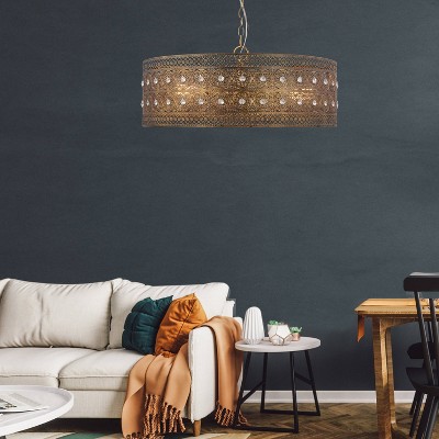 Elegant Brass and Crystal Drum Chandelier, 26" Glam Pendant Light