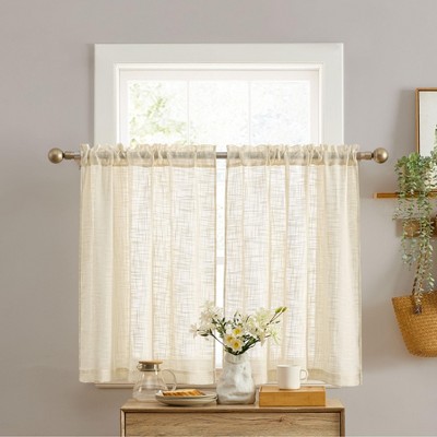 HLC.ME Linda Faux Linen Textured Semi Sheer Privacy Rod Pocket Short Cafe Curtain Tiers, Set of 2