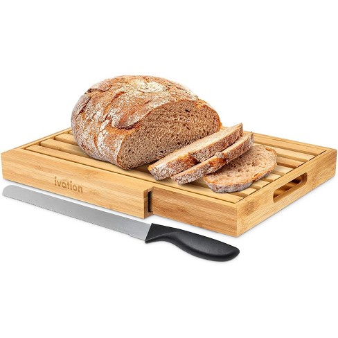 Ivation Bread Cutting Board | Compact Bamboo Wood Slicing Tray & Server  with 15” Stainless Steel Bread Knife, Integrated Knife Slot - 15”x11”x1.5”