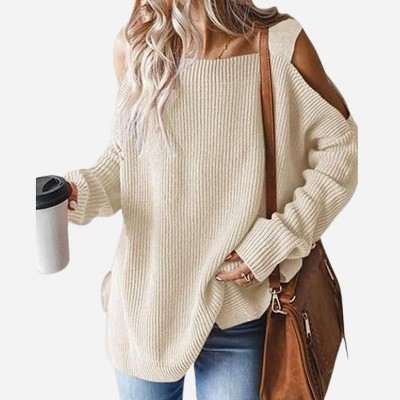 MaQiYa Womens Cold Shoulder Oversized Sweaters Batwing Long Sleeve Chunky Knitted Winter Tunic Tops 