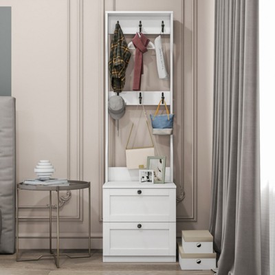 SKRAN 2-in-1 Coat Rack and NightstandWood Bedside/Entryway Storage Organizer with Drawer & Hooks,Freestanding Clothes Hanger for Bedroom,Hallway,White