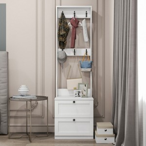 SKRAN 2-in-1 Coat Rack and NightstandWood Bedside/Entryway Storage Organizer with Drawer & Hooks,Freestanding Clothes Hanger for Bedroom,Hallway,White - 1 of 4