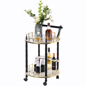 Fabulaxe Round Wood Serving Bar Cart Tea Trolley with 2 Tier Shelves and Rolling Wheels - 1 of 4