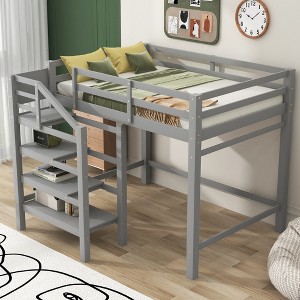 79.50"Full Size Loft Bed with Built-in Storage Staircase and Hanger for Clothes, Gray - 1 of 4